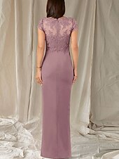 preiswerte Bodenlänge-Meerjungfrau  Trompeten Brautmutter Kleid Hochzeitsgast Eleganter V-Ausschnitt Bodenlang Chiffon Spitze Cap Ärmeln mit Spitzen Rüschen Applikationen