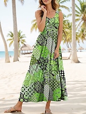 abordables Vestidos Boho-Mujer Vestido maxi Vestido de verano Vestido de una línea Vestido lencero Vestido plisado Vacaciones Casual Boho Playa Ajuste regular Graphic Cosecha Bohemio Sin Mangas Escote en U Camiseta con