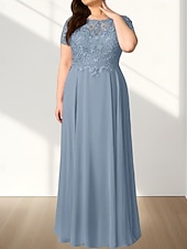 voordelige Vloerlengte-A-lijn Plus Size Curve Moeder van de Bruid Jurk Bruiloft Gast Elegant Crew Neck Vloerlengte Chiffon Kant Korte Mouw met Tailleband  Lint Beading Applicaties