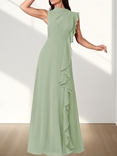 baratos Vestidos para Madrinhas-Vestido de dama de honra em corte A, decote redondo, sem mangas, elegante, longo, chiffon com babados / franzido 2025
