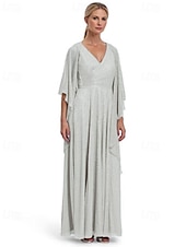 preiswerte Bodenlänge-Metallic Lurex Chiffon A-Linie Mutter der Braut Kleid elegantes einfach minimalistisches V-Ausschnitt bodenlang halbärmel mit Rüschendetails