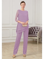 abordables Combinaisons pour maman-Combinaison  Tailleur Mère de la Mariée Élégant Col Bijou Longueur Sol Chiffon Manches Mi-Longues avec Ruching taille personnalisée gratuite