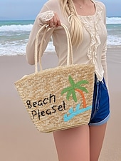 abordables Cabas et fourre-tout-Sac fourre-tout en paille brodé marguerite pour femme - sac fourre-tout de plage d&#039;été avec motif floral, cocotier, citron, style bohème décontracté, adapté aux vacances et à un usage quotidien