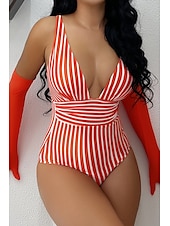 abordables Maillots de bain une pièce-Femmes Maillots de Bain Une Pièce Maillot de bain Dos nu Tropical Tenues de plage Rayé Fil en V Sans manches Maillots de bain
