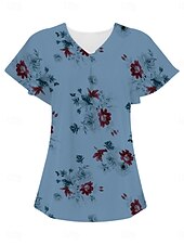 abordables T-shirt floral-Blouses d&#039;été pour femmes tops floraux stylés décontractés manches courtes col en V tops réguliers quotidien imprimé blanc bleu gris bleu clair été printemps
