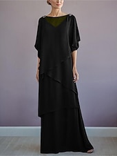 voordelige Vloerlengte-ts strand bruiloft a-lijn moeder van de bruid jurk formele bruiloft gast elegante bateau hals vloer lengte chiffon halve mouw met ruches drapering laag 2025