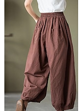 economico Pantaloni in lino e cotone semplici-Per donna Pantaloni in cotone e lino Culotte Moda Streetwear Lunghezza intera Naturale Semplice Tasca Elastico in vita Comodo All&#039;aperto Confortevole Vacanza Weekend Marrone rossastro Nero Verde