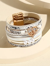 abordables Bracelet pour femme-Bracelet magnétique en similicuir pour femme – Bracelet manchette en alliage avec breloque cœur et perle et texte inspirant, bijou tendance style bohème, idéal pour la fête des mères, les anniversaires et les tenues décontractées.