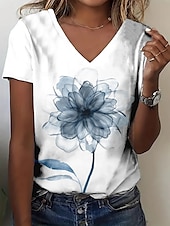 billige Blomster t-skjorte-Dame T skjorte Sommertopper Blomstret Grafisk Klassisk Fritid Kortermet V-hals Crop Tops Daglig Helg Trykt mønster Gul Rød Lilla Grønn Lyseblå Sommer Vår Høst