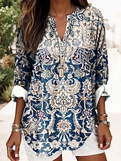 billiga Kvinnors Boho-toppar-Kvinnors Boho Blus Grafik Geometrisk Elegant Daglig Lång Ärmar V-Hals Regular Toppar Dagligt Tryck Svart Gul Röd Blå Guld Sommar Vår