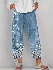 ieftine picior lat și talie înaltă-Pentru femei Pantaloni Pantaloni harem Έθνικ Boho Lungime totală Talie medie Flori Talie elastică Respirabil Comfortabil Micro-elastic Stradă Purtare Zilnică Ieșire Albastru piscină Albastru Trifoi