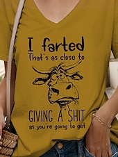 preiswerte Humor &amp; Zitate T-Shirt-Damen T Shirt Grafik Tiermotiv Kuh Vintage Stilvoll Klassisch Kurzarm V Ausschnitt Normale Oberteile Täglich Ausgehen Wochenende Druck Schwarz Weiß Gelb Grün Hellgrau Sommer Frühling