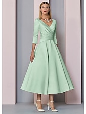 voordelige Vloerlengte-Strand Bruiloft A-Lijn Gouden Jurken Moeder van de Bruid Jurk Bruiloft Gast Elegante Vintage Plus Size V Hals Thee Lengte Satin 3/4 Lengte Mouw met Plissé dress to impress 2025 gratis op maat gemaakt