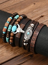 abordables Bijoux pour hommes-Bracelet western en cuir pour homme avec perles et pierres turquoises, motif crâne de vache, style bohème pour un usage décontracté et en extérieur