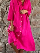 abordables Robes-Femmes Robe Longue Maxi Robe Robes en coton et lin Robe Décontractée Mode Extérieur Soirée Fête Coupe régulière Uni Manche 3/4 Col montant Rose vif Blanche Grise Été