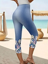 preiswerte Blaue 3D-Druck-Damen Leggings Capri Pants Hohe Elastizität Urlaub Vintage Mode Wade-lange Mittlere Taille Blumen Grafik Druck Atmungsaktiv Weich Dehnbar Urlaub Casual Täglich Robin&#039;s Egg Blau Sommer Frühling