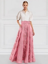 tanie Długość podłogi-Krój A Sięgająca podłoża Sukienka koszulowa Suknia Suknia wieczorowa Rękaw 1/2 Kołnierzyk koszuli Elegancja Zabytkowe Kwiaty Formalny Gość weselny Nylon Sukienka dla matki panny młodej z Kwiatowy wzór