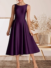 abordables Robes de cocktail-Robe cocktail A-Line élégante robe de retour à la maison cocktail party longueur thé sans manches col rond satin avec plis