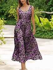 preiswerte Blumenkleider-Damen Midikleid Sommerkleid A Linie Kleid Schulterfreies Kleid Elegant Urlaub Lässig Formpassend Blumen Grafik Ärmellos U-Ausschnitt Rundausschnitt Rote Blau Purpur Grün Sommer Frühling