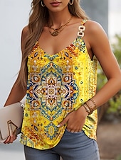 billige Boho tank topp-Dame Camisole Tank Top Grafisk Geometrisk Fritid Ermeløs Med stropper Vanlige topper Daglig Åpen rygg Lapper Trykt mønster Gul Rød Oransje Sommer Vår