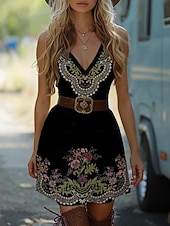 ieftine Rochii boho-Pentru femei Rochie Mini Rochie de Vară Vacanță Petrecere Casual În aer liber Petrecere Petrecere cu cocktail Grafic Fără manșon În V Negru Verde Negru Auriu Roșu negru Roz Îmbujorat Vară Primăvară