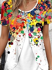 voordelige Kunst &amp; Design t-shirt-Dames T-shirt Grafisch Geometrisch Elegant Vintage Stijlvol Korte mouw Strakke ronde hals Normale tops Dagelijks Uitgaan Lapwerk Knop Gelaagd Wit Zomer Lente