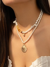 cheap Women&#039;s Necklace-Women&#039;s Boho Layered Shell and Bead Necklace Set – Beach-Style Turquoise Pendant and Gold Charms for Summer Vacations and Festivals