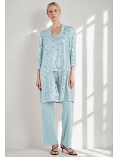 baratos Terninhos de calça da mamãe-Macacão Vestido Para Mãe dos Noivos Convidado do casamento Igreja Elegante Vintage Gola Redonda Longo Chiffon Renda Manga Longa com Lantejoulas Bordado 2025