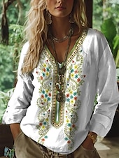 Women's Boho Blouse Floral Graphic Paisley Bohemia Vintage Tropical 3/4 Length Sleeve V Neck Regular Tops White Green Summer Spring4