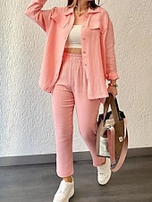 abordables Ensembles-Femmes Mode Streetwear Ensembles en coton et lin Ensembles deux pièces Ensembles de Pantalons manche longue Col de chemise Uni Tenue quotidienne Date Rose Claire Vert Beige Été Coupe régulière