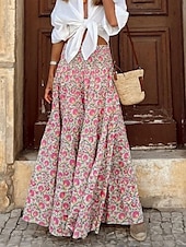 cheap Graphic Skirts-Women&#039;s Skirt Maxi Skirt A Line Swing Bohemia Casual Maxi High Waist Skirts Floral Pocket Print Micro-elastic Street Daily Pink Fuchsia Summer Polyester Cotton Blend