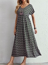 tanie Sukienka w paski i geometryczna-Damskie Sukienka maxi Sukienka A line Letnie sukienki Codzienny Codzienny Regularny Graficzny Geometryczny Krótki rękaw W serek Czarny Wino Czerwony Zielony Lato