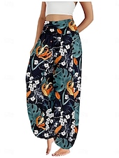 economico Pantaloni in cotone e lino con grafica-Per donna Pantaloni ispirati al lino Gamba larga Pantaloni Stile Etnico Casual Boho Lunghezza intera Vita Alta Floreale Foglia Tropicale Tasca Elastico in vita Stampa Traspirabilità Morbido