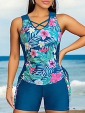 baratos Tankinis-Mulheres Roupa de Banho 2 partes Calção roupa de banho Com Cordão Férias Roupa de Praia Gráfico Flor Decote U Sem Manga Fatos de banho