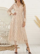 olcso Ruhák végzős bálra-A-vonal quinceanera ruhák elegáns ruha hivatalos esküvő tea hosszúságú hosszú ujjú V-nyakú pamut keverék hát nélküli csillámos flitteresen és bojtokkal