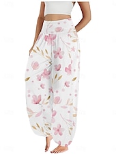 economico Pantaloni-Per donna Pantaloni ispirati al lino Gamba larga Pantaloni Stile Etnico Casual Boho Lunghezza intera Vita Alta Floreale Foglia Tropicale Tasca Elastico in vita Stampa Traspirabilità Morbido