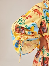 baratos Vestidos Florais-Mulheres Feminino Camisetão Vestido no Joelho Amarelo Manga Longa Folha Animal Árvore Botões Estampado Verão Colarinho de Camisa Férias Lazer XS S M