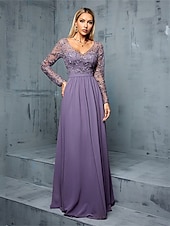 tanie Długość podłogi-Krój A Sięgająca podłoża Sukienka dla gościa weselnego Suknia Suknia wieczorowa Sukienka dla matki panny młodej Długi rękaw W serek Elegancja Studniówka Wieczorna impreza Ślub Szyfon z Plisy