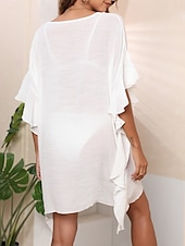 abordables Robes de plage-Maillots de Bain Femme Couverture Robe de Bain Maillot Volants Vacances Plage Tenue Couleur Unie Col Rond Manches Courtes Maillots de Bain