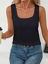cheap White tee-Women&#039;s Tank Top Tee Top Plain Fashion Modern Sleeveless Square Neck Regular Tops Daily Beach Wear Black White Gray Summer