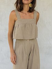 economico Camicie-Per donna Camicia di lino Gilet in cotone e lino Blusa Semplice Moderno Casual Senza Maniche Collo quadrato Top corti Quotidiano Ferie Senza schiena Bianco Cachi Estate