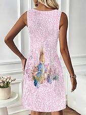 preiswerte Osterkleider-Ostern Damen Minikleid A Linie Kleid Sommerkleid Schulterfreies Kleid Urlaub Lässig Täglich Normale Passform Grafik Tiermotiv Ärmellos U-Ausschnitt Rosa Sommer