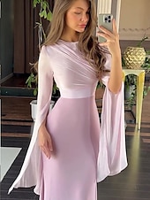 preiswerte BLAU-A-Linie Partykleider Elegant Kleid Formell Hochzeit Bodenlang Langarm Rundhalsausschnitt Satin mit Stickerei 2025