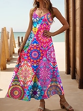 tanie Sukienki boho-Damskie Sukienka maxi Sukienka A line Sukienka na ramiączkach Urlop Codzienny Boho Plaża Regularny Kwiaty Graficzny Bez rękawów W serek Cienkie ramiączka Czerwony Niebieski Zielony Lato Wiosna