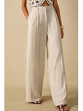 abordables Pantalon uni en coton et lin-Femmes Pantalon en coton et lin Slacks Mode Streetwear Longueur complète Naturel Rayé Avec Poches Confortable Sortir Week-end Abricot Été Coupe régulière