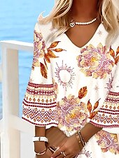 ieftine Rochii florale-Pentru femei Rochie Mini Rochie de Vară Rochie A line Vacanță Casual Boho Plajă Fit regulat Floral Grafic Lungime Manșon 3/4 În V Portocaliu Vară Primăvară