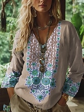 tanie Damskie topy boho-Damskie Bluzka Kwiaty Graficzny W Tureckie Wzory Bohema Zabytkowe Tropikalny Rękaw 3/4 W serek Zwykłe topy Z marszczeniami Haft Nadruk Niebieski Fioletowy Zielony Khaki Lato Wiosna