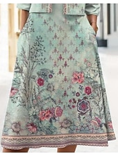 abordables Robe Fleurie-Ensemble de robe pour femmes Robe midi Robe évasée Fête Cocktail Imprimé floral Manches mi-longues Col en V Invité de mariage Quotidien Vert Été Printemps Coupe régulière