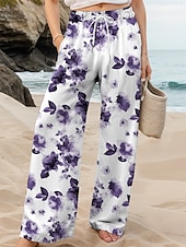 abordables jambe large et taille haute-Femmes Jambe large Chinos Pantalons Amples Vacances ancien Mode Longueur complète Taille haute Fleuri Graphique Cordon de serrage Impression Respirant Doux Micro-Élastique Vacances Rue Décontracté
