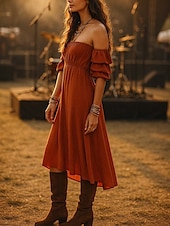 olcso Egyszerű ruha-Női Boho Ruha Nyugati Ruha Vintage Midi Ruha Kapcsolós Ruha A Vonallal Ruha Váll nélküli Ruha Vakáció Hétköznapi Boho Kültéri Kimenő Strand Normál Illeszkedés Egyszínű Fél Ujjú Vállnélküli Piros